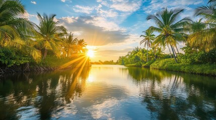 Obraz premium Serene Sunset over Tropical River and Palm Trees