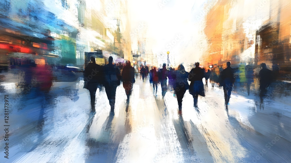 Poster blurred motion of a large crowd of anonymous people walking quickly along a busy city street in the 