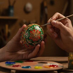 Master's hands painting an intricate pattern on an ostrich egg with vibrant colors in a rustic workshop. Ample space for text. Perfect for creative ads and craft-related designs.
