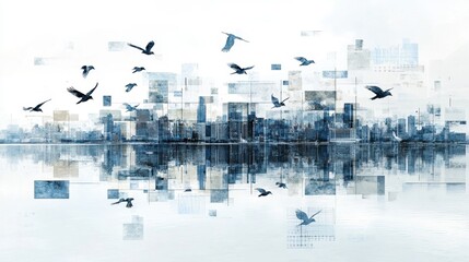 Surreal digital collage of cityscapes with floating pollution