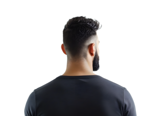 Back view of a man with short hair and a beard, wearing at-shirt, isolated on a clean white background. Concept of casual fashion