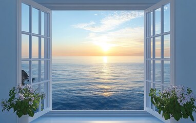Open window framing a serene sea vista, gentle ocean waves, soft morning light, horizon line blending with the sky, peaceful and tranquil atmosphere