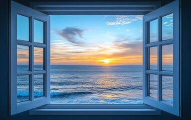 Open window framing a serene sea vista, gentle ocean waves, soft morning light, horizon line blending with the sky, peaceful and tranquil atmosphere