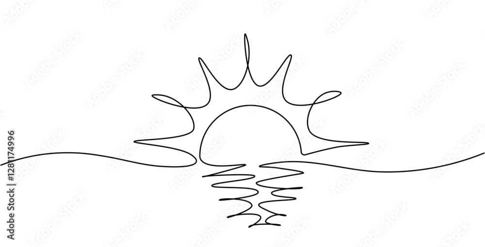 Poster sun continuous one line drawing isolated on transparent background. summer travel or vacation on the