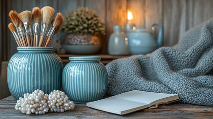 Fototapeta premium Turquoise Ceramic Vases Artist's Paintbrushes Open Notebook Cozy Knit Blanket Warm Lighting on Rustic Wooden Table