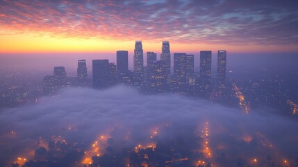 Obraz premium Urban skyline shrouded in thick smog at dusk