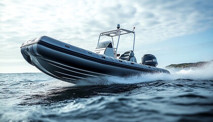 Fototapeta premium Sporty and sleek aluminum boat, optimized for various water activities, shimmering finish, hightech, and efficient design, cruising on open waters under a clear sky