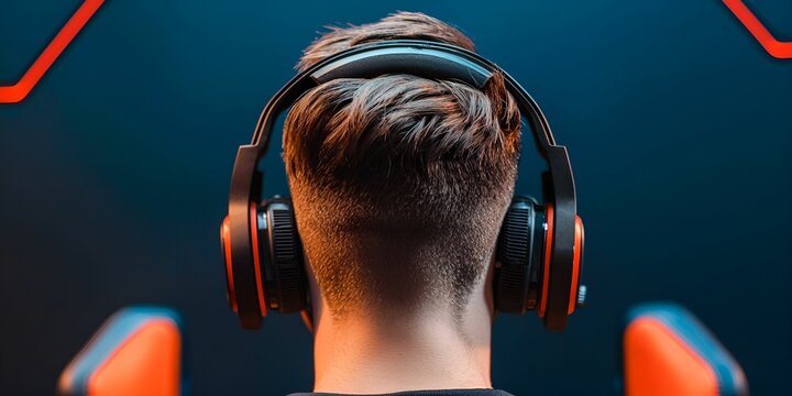 Esports teamwork concept. Person wearing headphones, focused on gaming in a modern environment.
