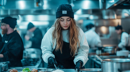 Culinary Craft: A young chef prepares meal in a bustling commercial kitchen, focusing on fresh food and professional culinary arts
