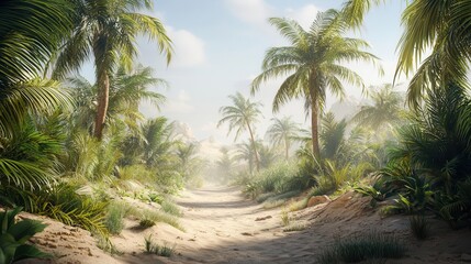 Obraz premium Tropical Paradise Sunlit Path Through Lush Palm Grove