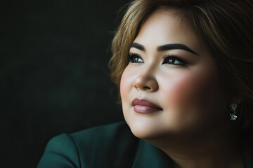 Fototapeta premium Woman with thoughtful expression gazing upwards with confidence and sophistication in professional setting