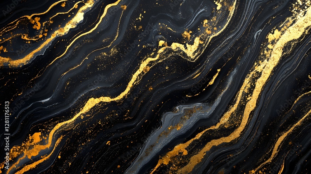Poster Captivating abstract art background with a mesmerizing metallic texture featuring vibrant golden splatter and dynamic dark swirls