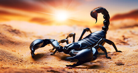 Close-up and side view of a black aggressive scorpion in defensive position with its stinger full of poison, in the desert. Generative Ai.