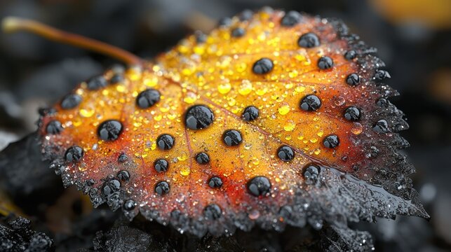 Close-up of a weathered leaf covered in soot and dust, 