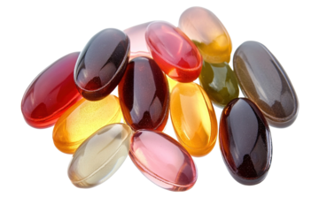 Colorful pharmaceutical pills shaped like sunglasses on a white background