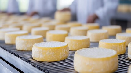 Freshly Made Cheese Wheels on Production Line in Dairy Facility