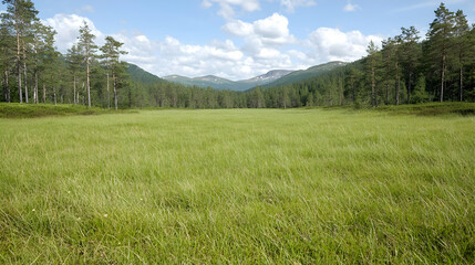 Fototapeta premium Lush green grassy meadow surrounded by a dense pine forest under a blue sky with clouds in a mountain valley.
