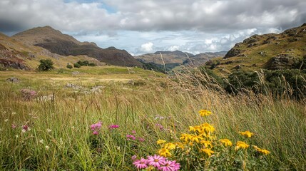 Obraz premium Serene Mountain Valley with Wildflowers in Summer
