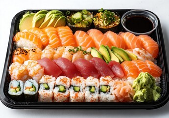 Fresh and Colorful Sushi Platter Featuring Assorted Fish, Avocado, Rolls, and Wasabi on a Black Takeout Container