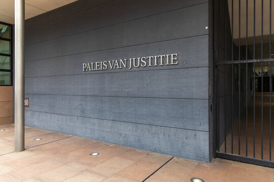Entrance of Palace of Justice in Dutch Paleis van Justitie. The Hague, the Netherlands. 15 February 2025. 