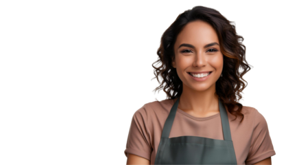 Portrait of a smiling woman wearing a cooking apron in the kitchen, isolated on transparent background