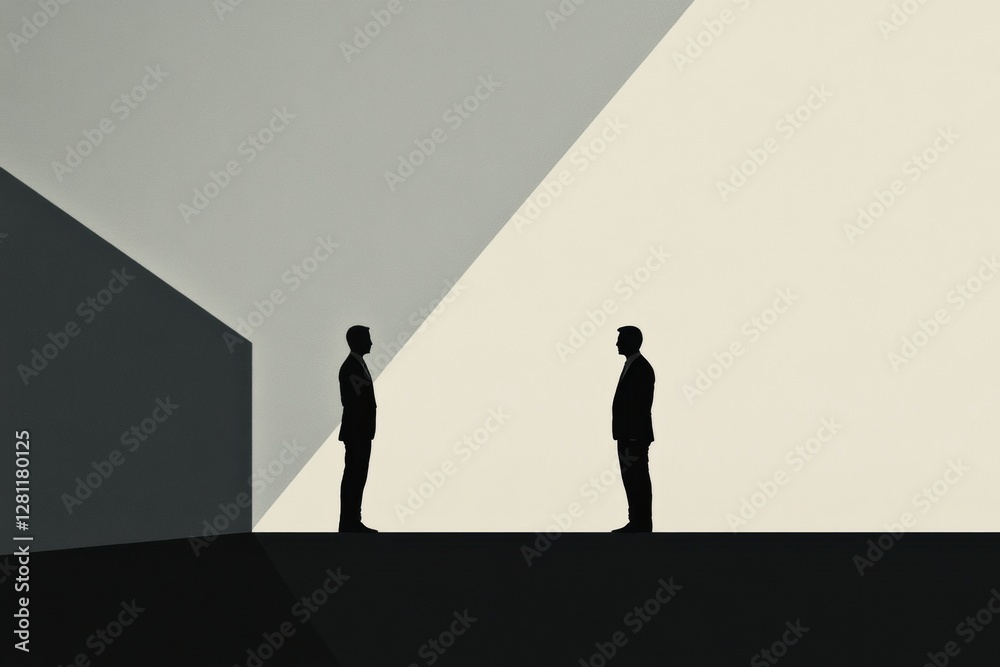 Leinwandbilder Silhouetted figures negotiating in a minimalist setting with contrasting light at dusk. Generative AI