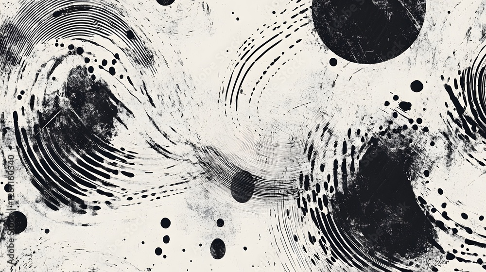 Poster Captivating abstract composition featuring a mesmerizing interplay of black and white geometric shapes including overlapping circles spiraling lines