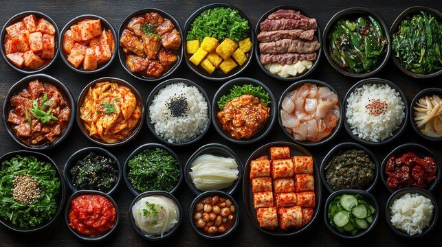 Naklejki Assorted Korean banchan side dishes, including kimchi, marinated meats, rice, and vegetables, arranged in black bowls on a dark wooden background.