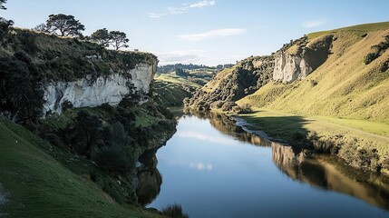 Fototapeta premium Serene River Valley with Cliffside Reflections