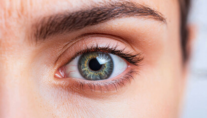 Fototapeta premium A close-up of a person's eye showcasing striking green hues, detailed iris patterns, and well-groomed eyebrows.
