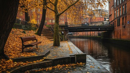 Manchester England: Canal Bridge with Autumn Trees and Pathway