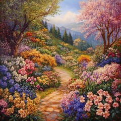 Blossoming Pathway Through Vibrant Floral Garden Nature's Paradise Landscape Photography Springtime Serenity Eye-Level View Beauty of Nature