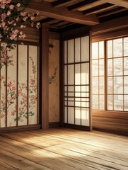 Japanese interior with wooden floor and decorated sliding doors