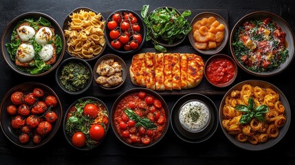 Overhead shot of various Italian dishes, including pasta, tomatoes, and cheese.