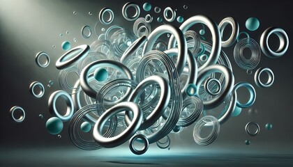 Glowing 3D rings floating and interlocking in silver and teal, creating a futuristic abstract background and wallpaper