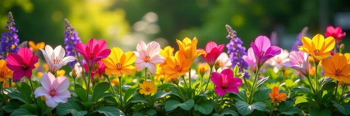 Beautiful campanula plants forming a colorful border in a sunny garden, garden, flowers