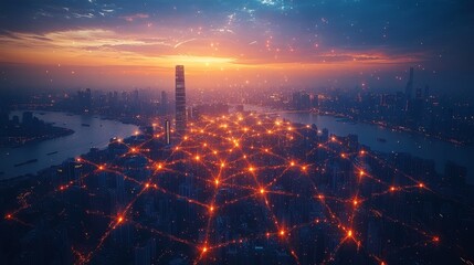 Sunrise over a futuristic city, network connections glowing.