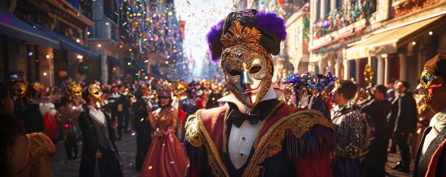 A vibrant masquerade scene featuring elegantly dressed figures in masks, amidst a festive atmosphere with confetti and celebration.