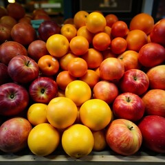 Variety of ripe fruits in a market stall display, vendor, selling, vibrant