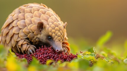 Fototapeta premium Delightful Pangolin Feasting on Ants in a Natural Green Habitat