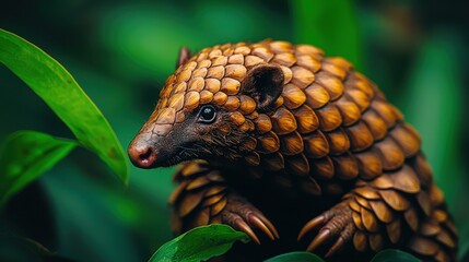 Fototapeta premium Close-Up of Pangolin Surrounded by Lush Green Foliage in Nature