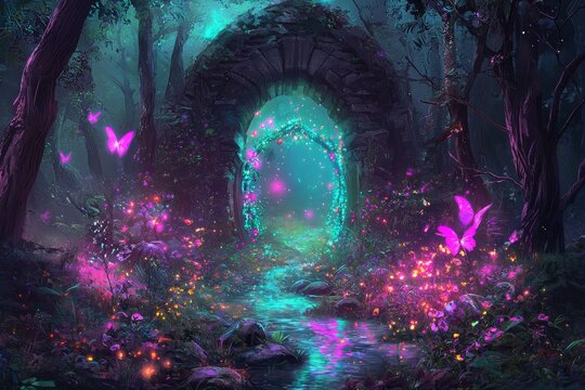 The landscape of a fantasy and fairytale magical forest is depicted in a digital painting, with a pathway lit by purple and cyan light