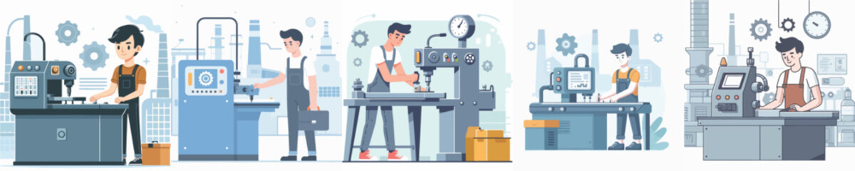 Vector of a young man working on a factory machine.