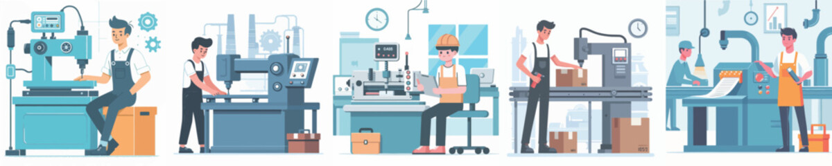 Vector of a young man working on a factory machine.