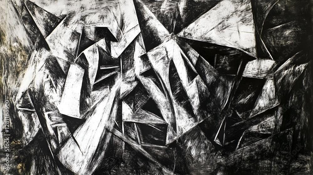 Poster Captivating Abstract Geometric Cubist Modernist Artwork with Intersecting Angular Shapes and Fragments