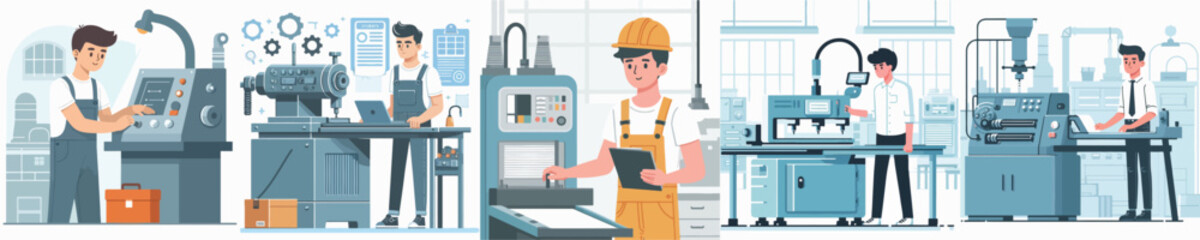 Vector of a young man working on a factory machine.