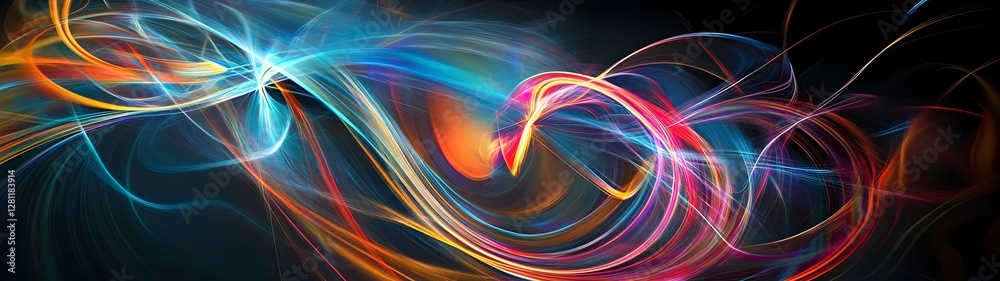 Poster Captivating abstract image showcasing a dynamic and energetic display of vibrant multi colored digital light waves curves and swirling patterns creating a mesmerizing and futuristic visual effect