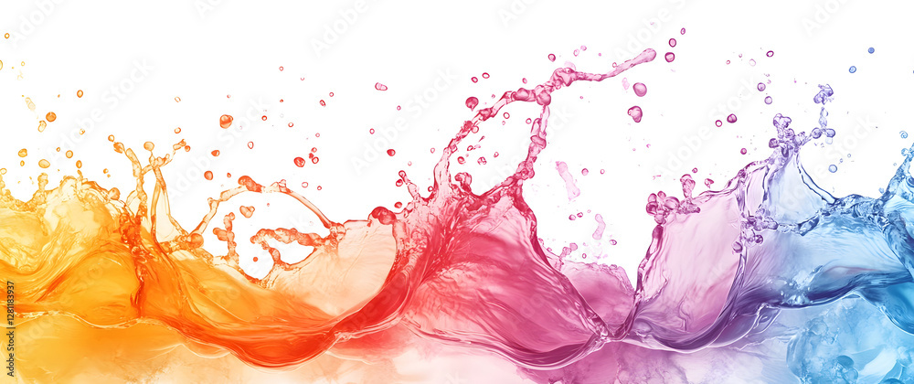Aufkleber Captivating abstract image showcasing a dynamic explosion of multicolored paint splashes in fluid energetic motion  The vivid shimmering hues of blue red yellow and purple create a visually stunning