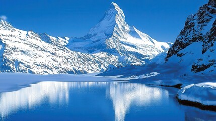 Majestic Winter Mountain Peak Reflected in a Still Frozen Lake