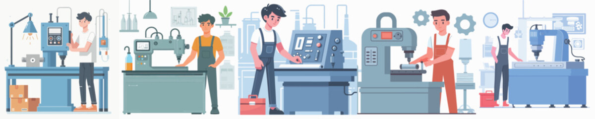 Vector of a young man working on a factory machine.